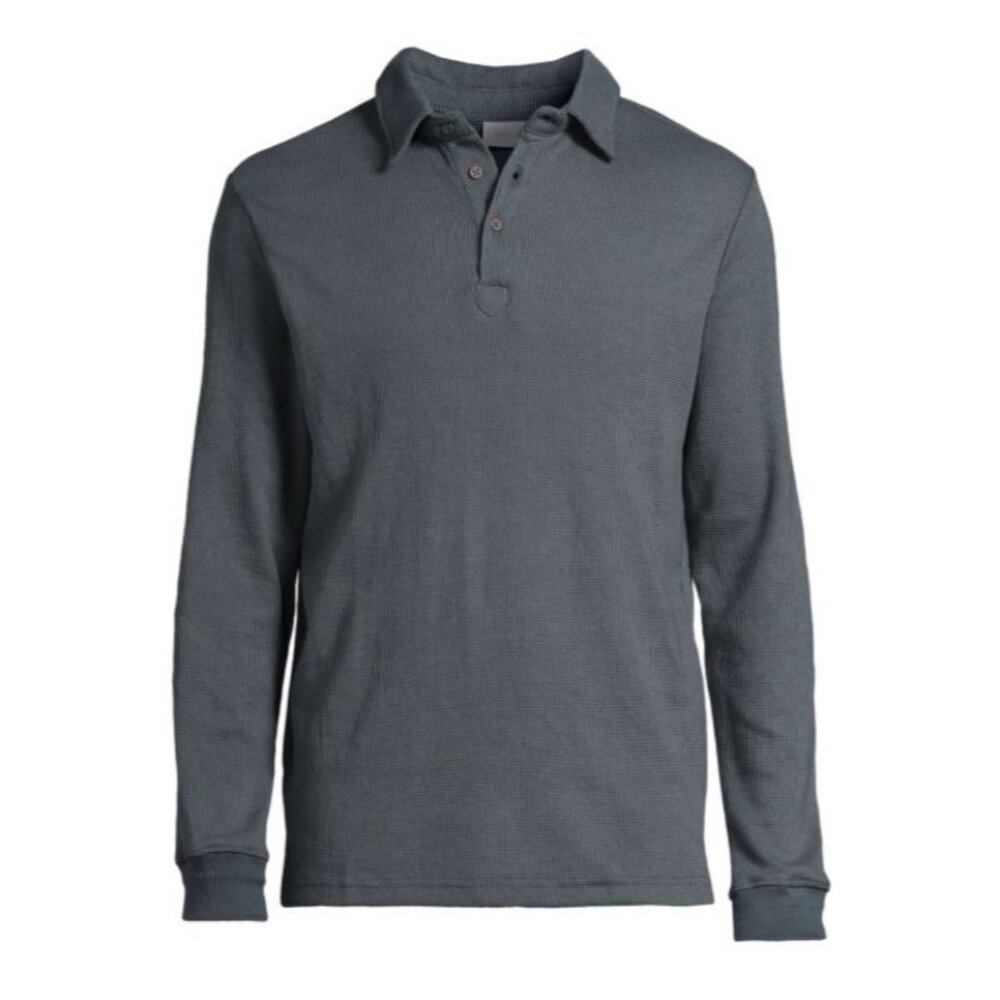 Onia Classic Waffle thermal Knit Long Sleeve Polo Men Medium Gray Cotton Collar